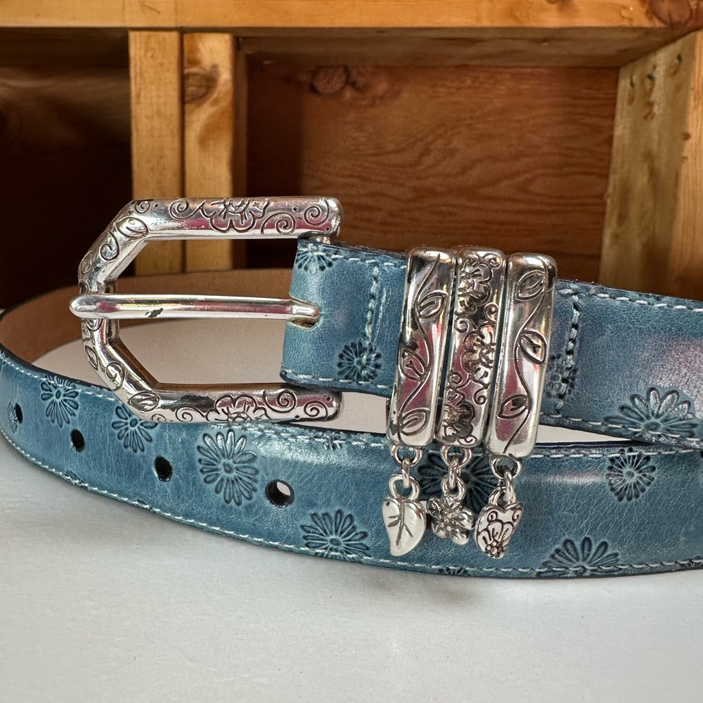 Brighton Vintage Y2K Floral Embossed Leather Belt Metal Charms Blue MED 32